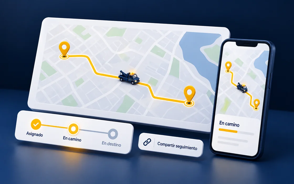 Ilustración del seguimiento de una grúa en un mapa y un celular con la opción de compartir el recorrido