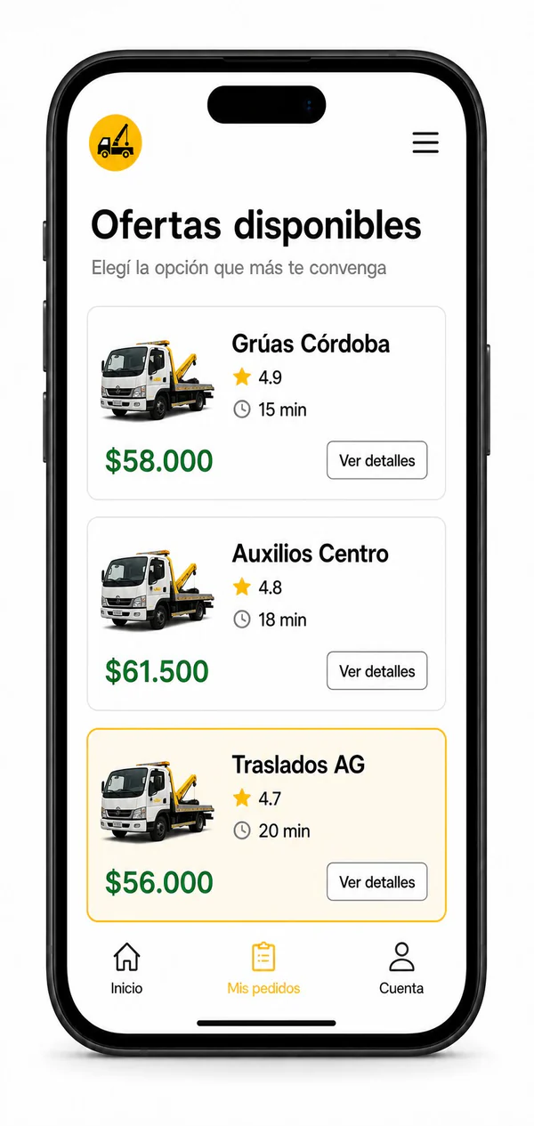 Pantalla de Auxilios Ya con presupuestos disponibles para comparar
